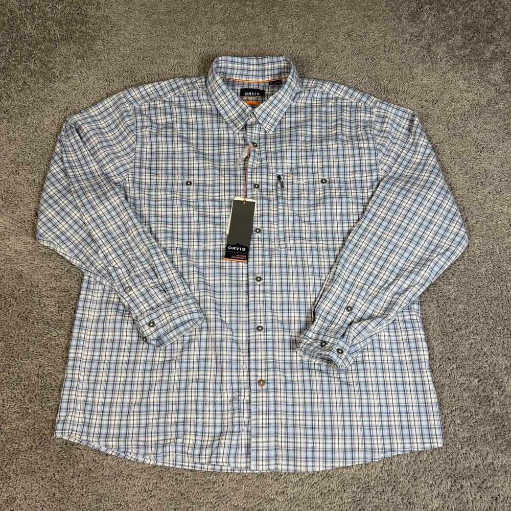 Orvis Shirt Mens XL Blue Plaid Long Sleeve Fishing Button Up Pockets Fit UPF30